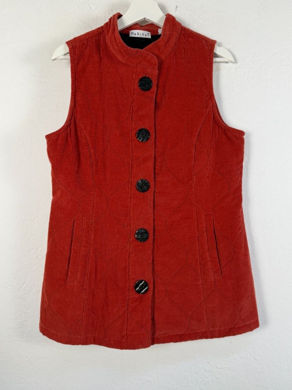 Habitat Womens Orange Corduroy Quilted Vest Button Front Mock Neck Small Pockets